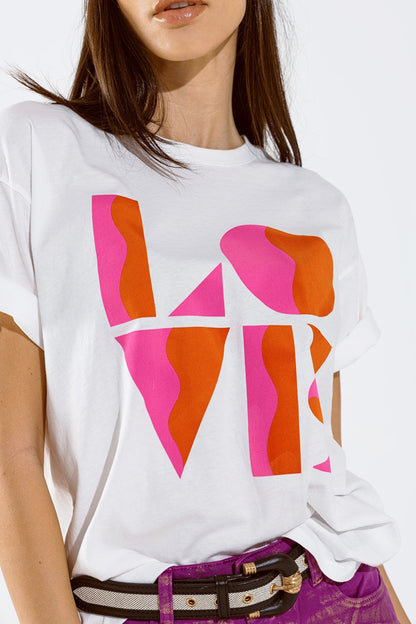 T-shirt with LOVE art deco digital print in white Q2store