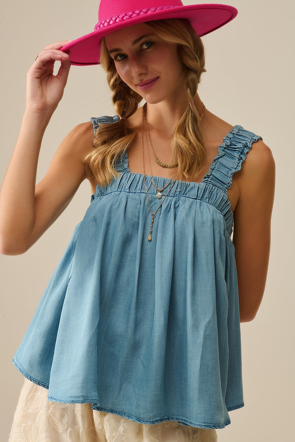 Tencel fabric Top with Rouched Straps in Blue Q2store