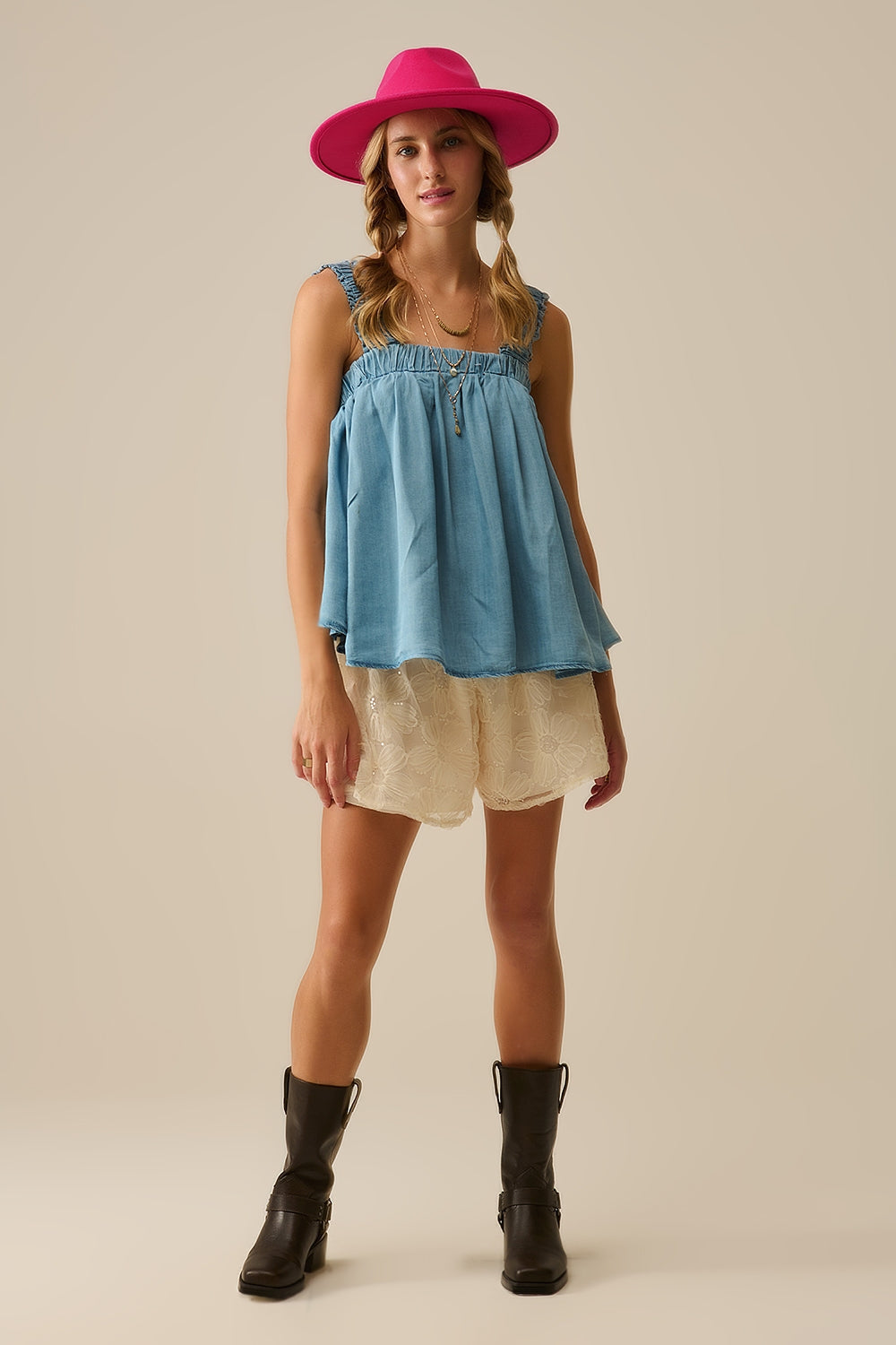Tencel fabric Top with Rouched Straps in Blue Q2store