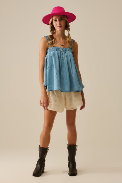 Tencel fabric Top with Rouched Straps in Blue Q2store