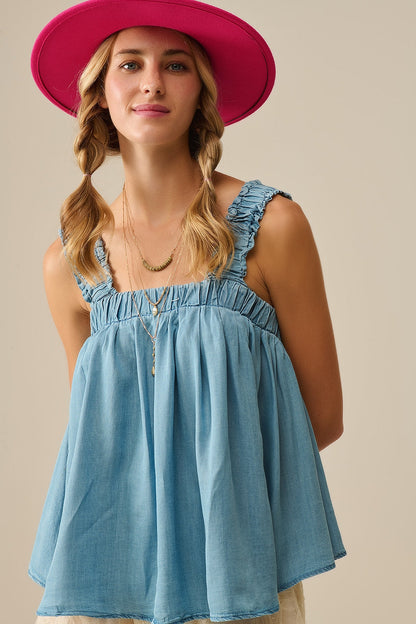 Tencel fabric Top with Rouched Straps in Blue Q2store