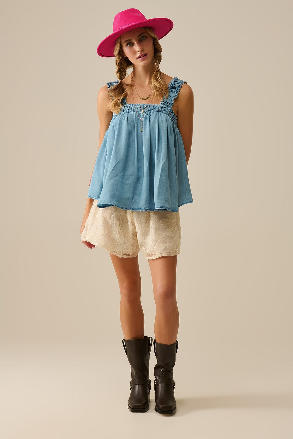 Tencel fabric Top with Rouched Straps in Blue Q2store