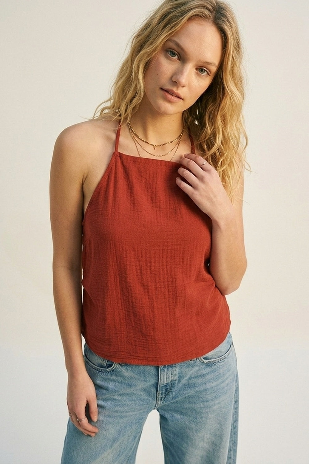 terracotta Textured Sleeveless Halter Neck Top Q2store