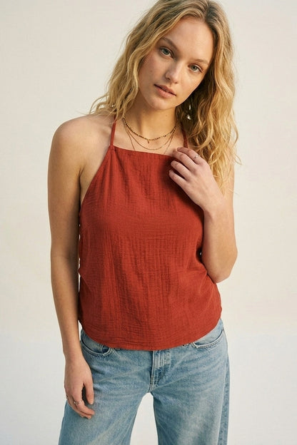 terracotta Textured Sleeveless Halter Neck Top Q2store