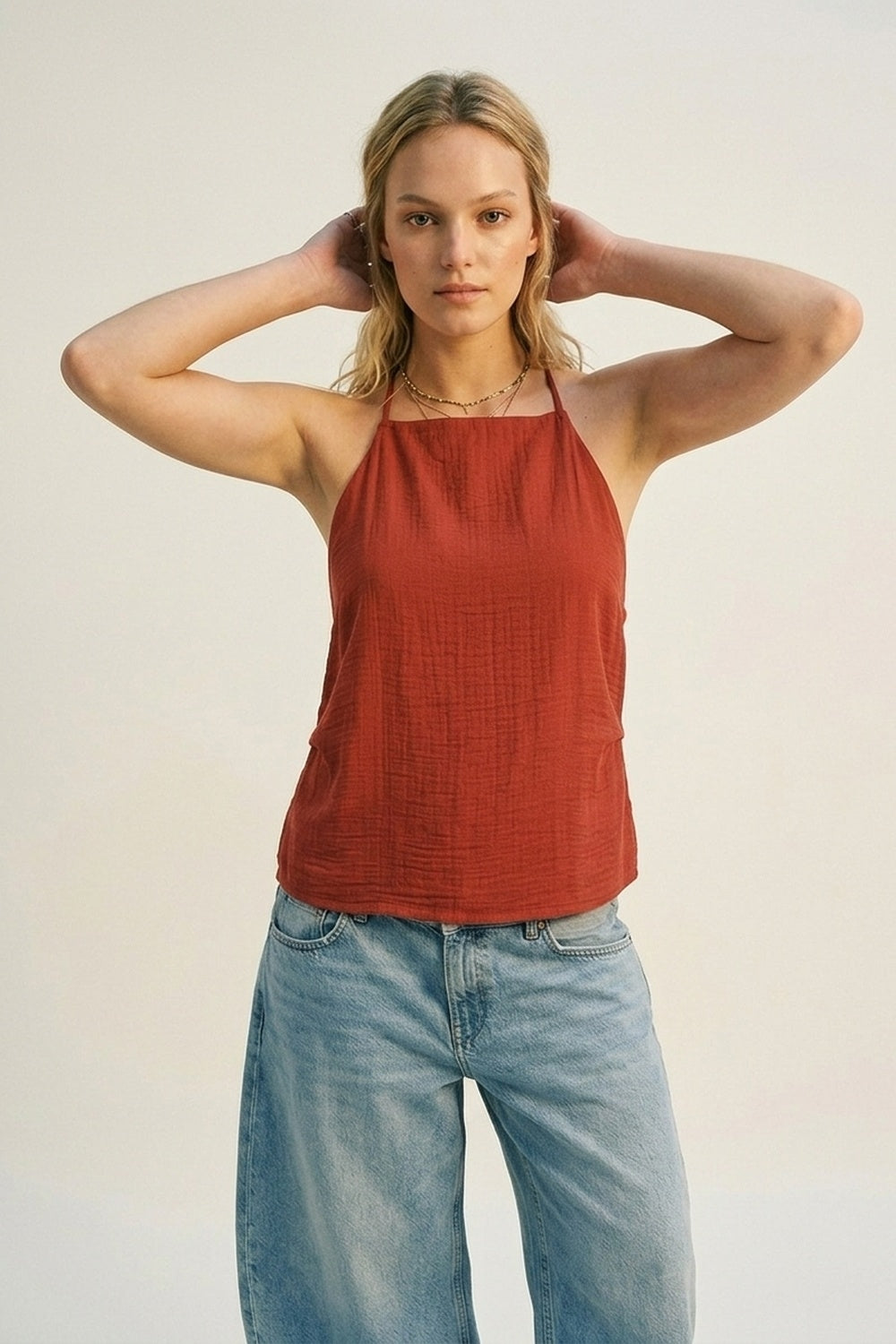 terracotta Textured Sleeveless Halter Neck Top Q2store