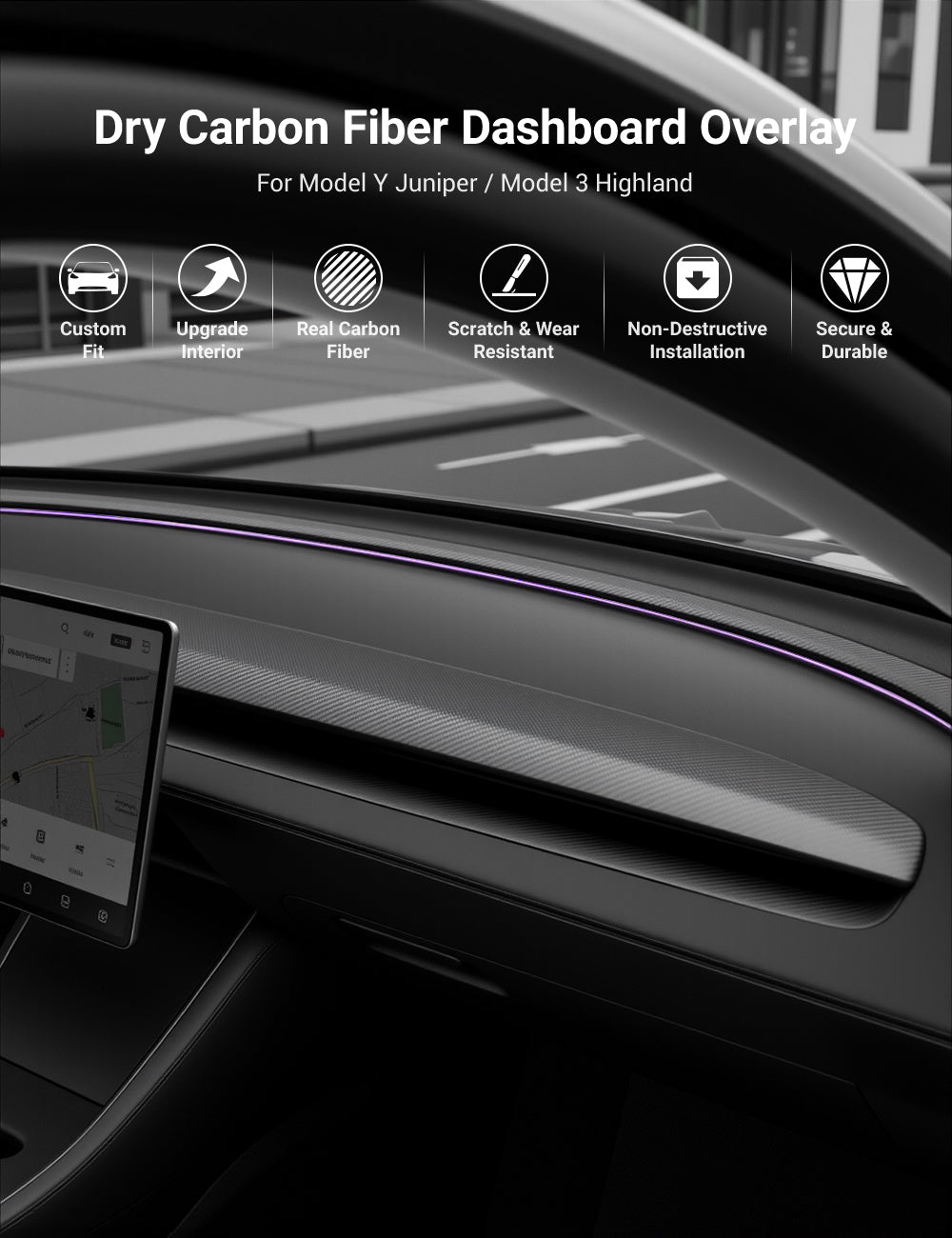 TESERY Real Dry Carbon Fiber Dashboard Cover Overlay for Model 3 Highland / Model Y Juniper Tesery Official Store