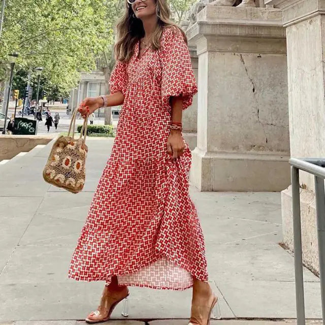 Women's Boho Floral Maxi Dress with Drawstring V Neck
