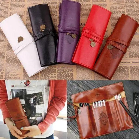 Vintage PU Leather Roll Up Pencil Case Classic Brown Foldable Pouch For Paint Brush School Accessories College And Art Work Stevvex