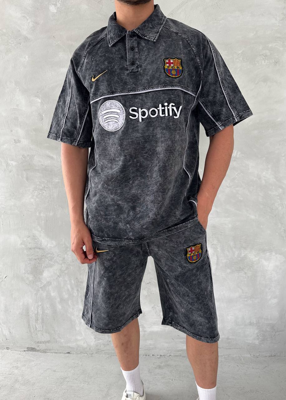 Washed Spirit Men's Polo & Shorts Set – Retro Grey Clubwear with Contrast Stitching Withinblack