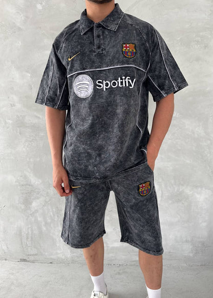 Washed Spirit Men's Polo & Shorts Set – Retro Grey Clubwear with Contrast Stitching Withinblack