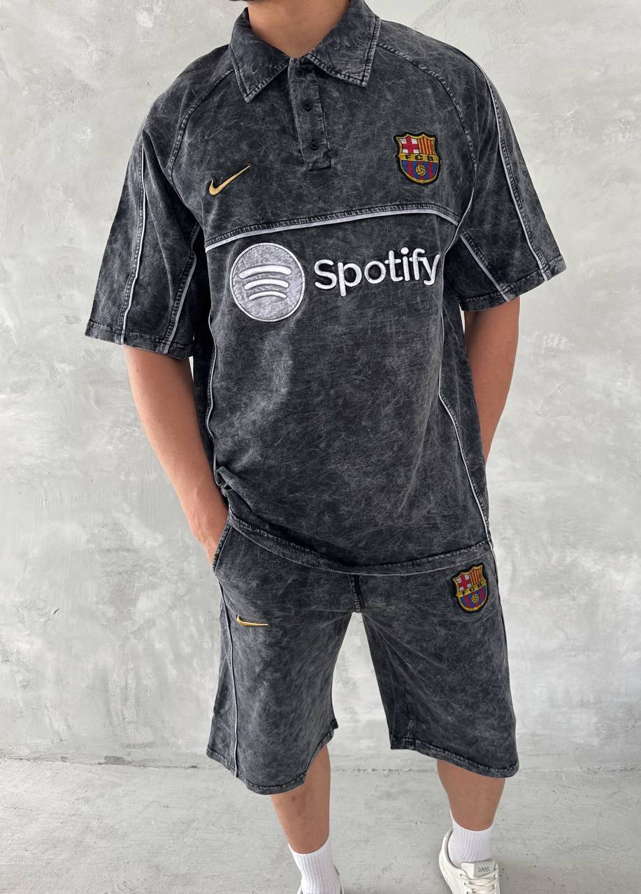 Washed Spirit Men's Polo & Shorts Set – Retro Grey Clubwear with Contrast Stitching Withinblack