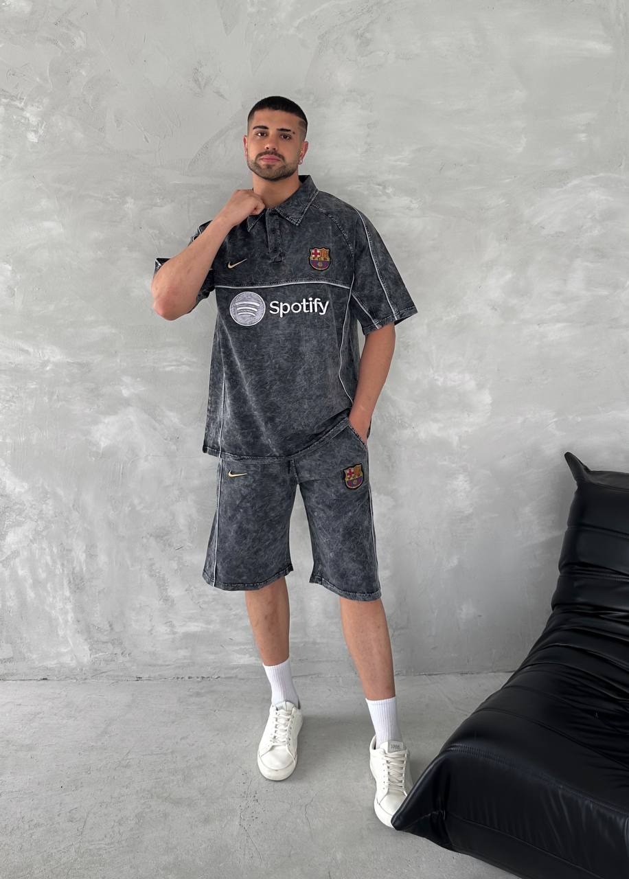 Washed Spirit Men's Polo & Shorts Set – Retro Grey Clubwear with Contrast Stitching Withinblack