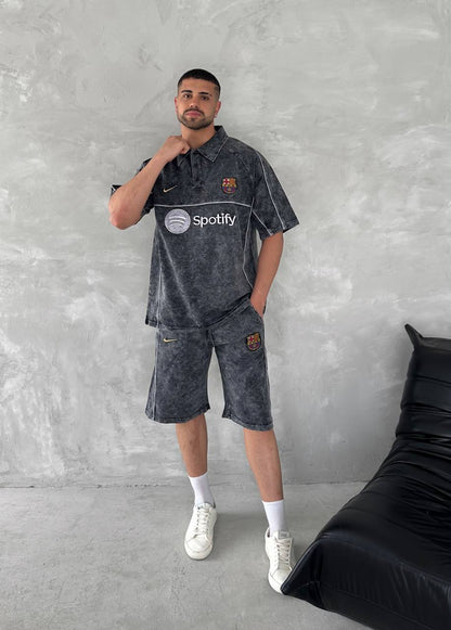 Washed Spirit Men's Polo & Shorts Set – Retro Grey Clubwear with Contrast Stitching Withinblack