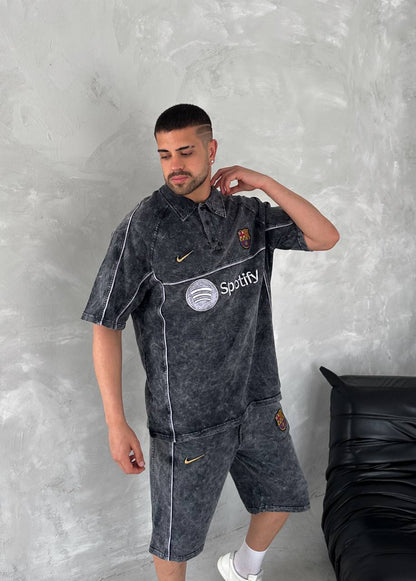 Washed Spirit Men's Polo & Shorts Set – Retro Grey Clubwear with Contrast Stitching Withinblack