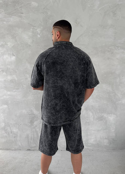 Washed Spirit Men's Polo & Shorts Set – Retro Grey Clubwear with Contrast Stitching Withinblack