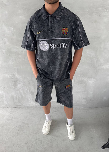 Washed Spirit Men's Polo & Shorts Set – Retro Grey Clubwear with Contrast Stitching Withinblack