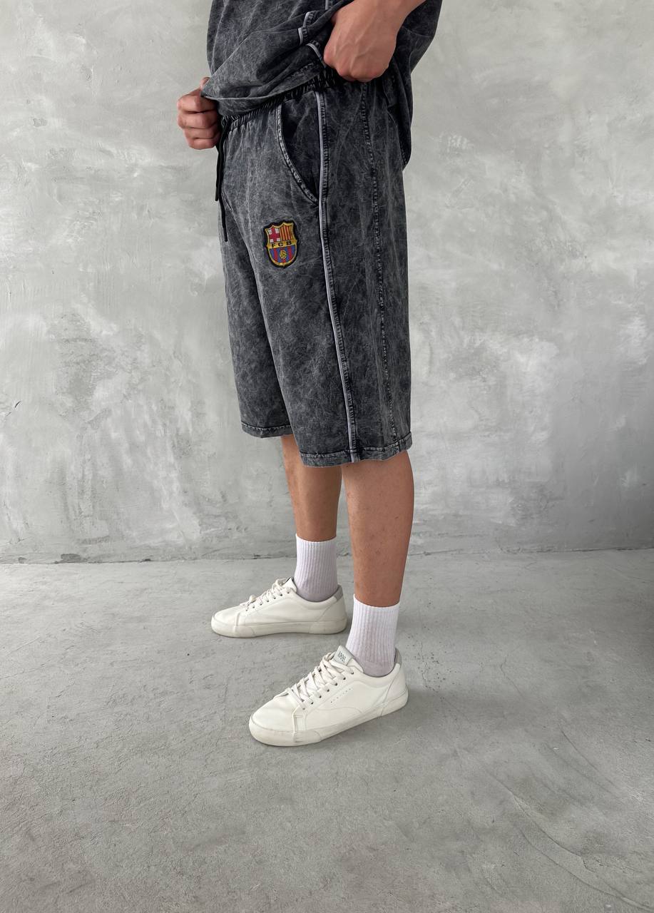 Washed Spirit Men's Polo & Shorts Set – Retro Grey Clubwear with Contrast Stitching Withinblack