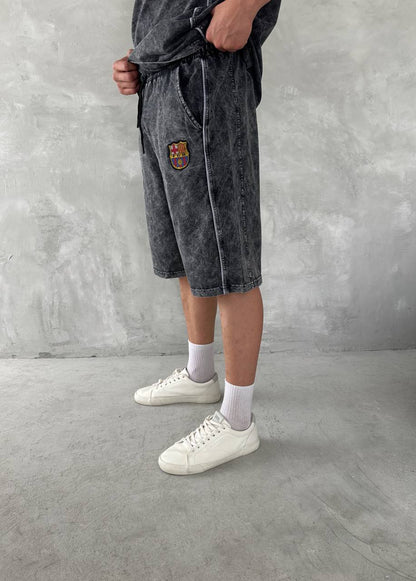 Washed Spirit Men's Polo & Shorts Set – Retro Grey Clubwear with Contrast Stitching Withinblack