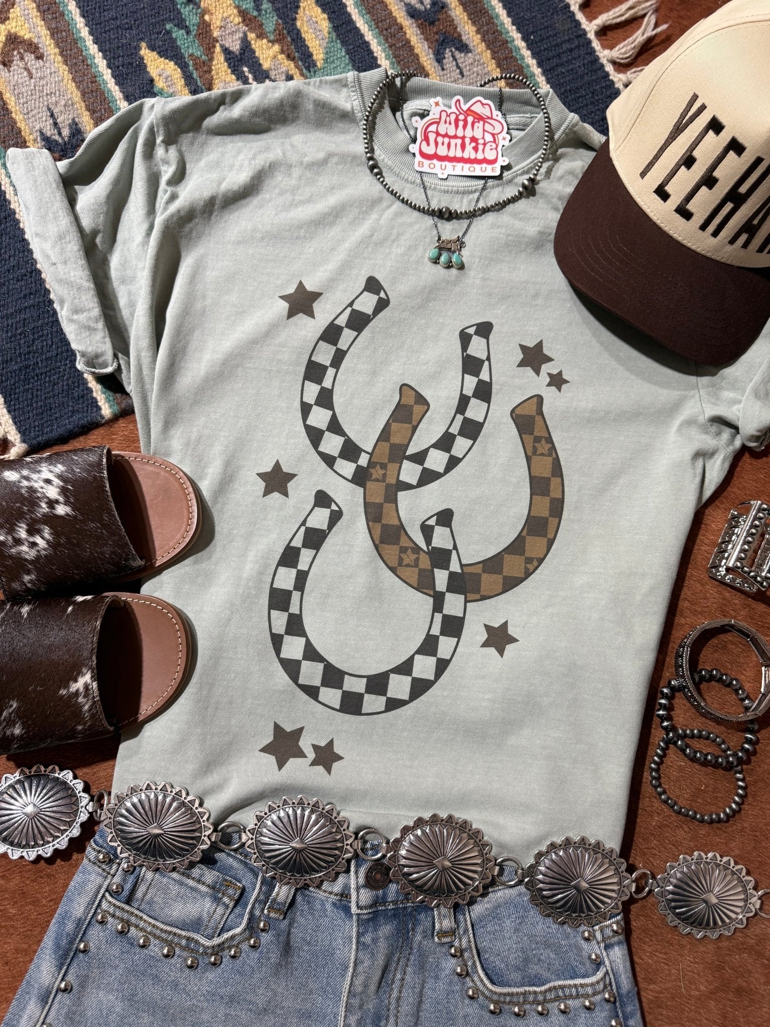 Western Checkered Horseshoe Graphic Tee Wild Junkie