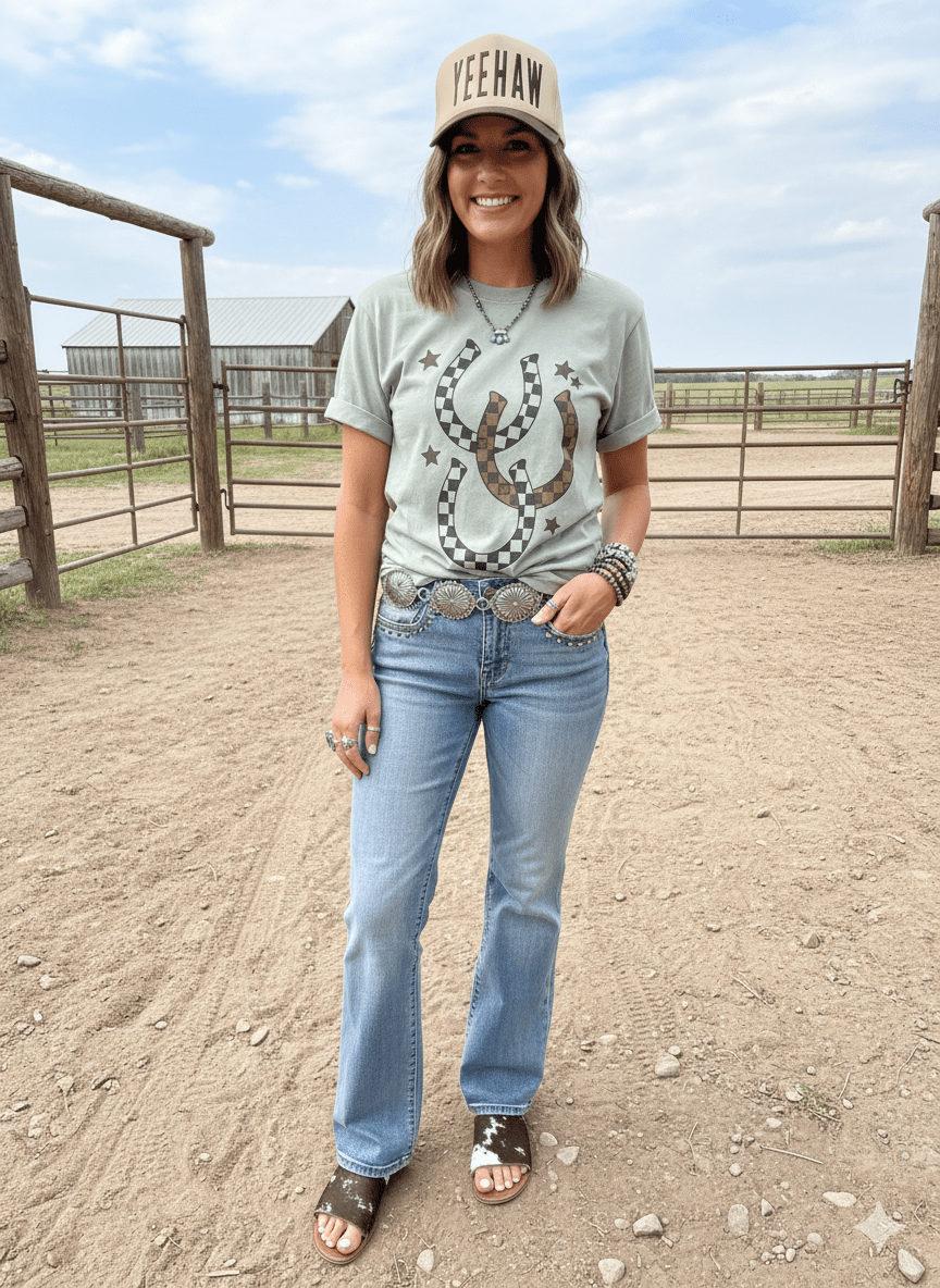 Western Checkered Horseshoe Graphic Tee Wild Junkie