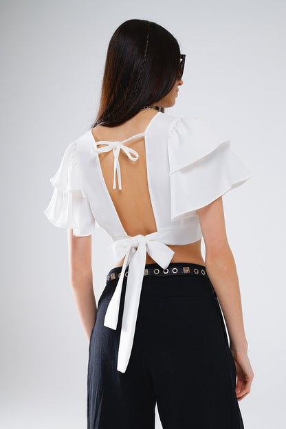 White Crop Top With Short Sleeves And V-neck Q2store