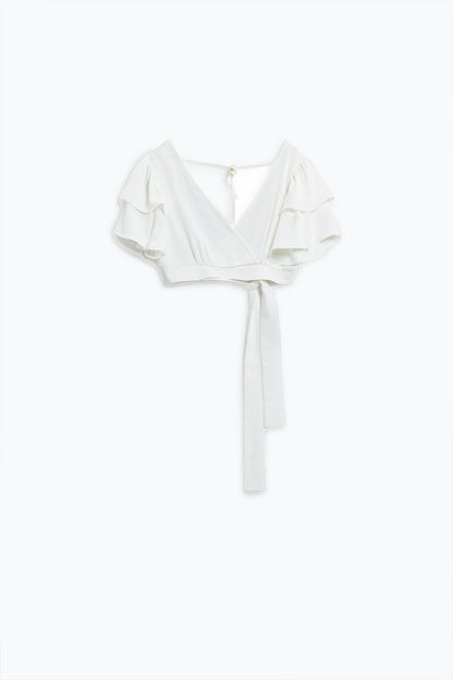 White Crop Top With Short Sleeves And V-neck Q2store
