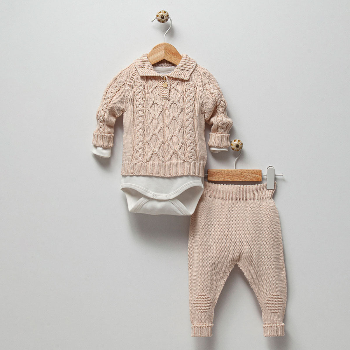 William 3 Piece Beige Cable Knit Set Honey and Hive