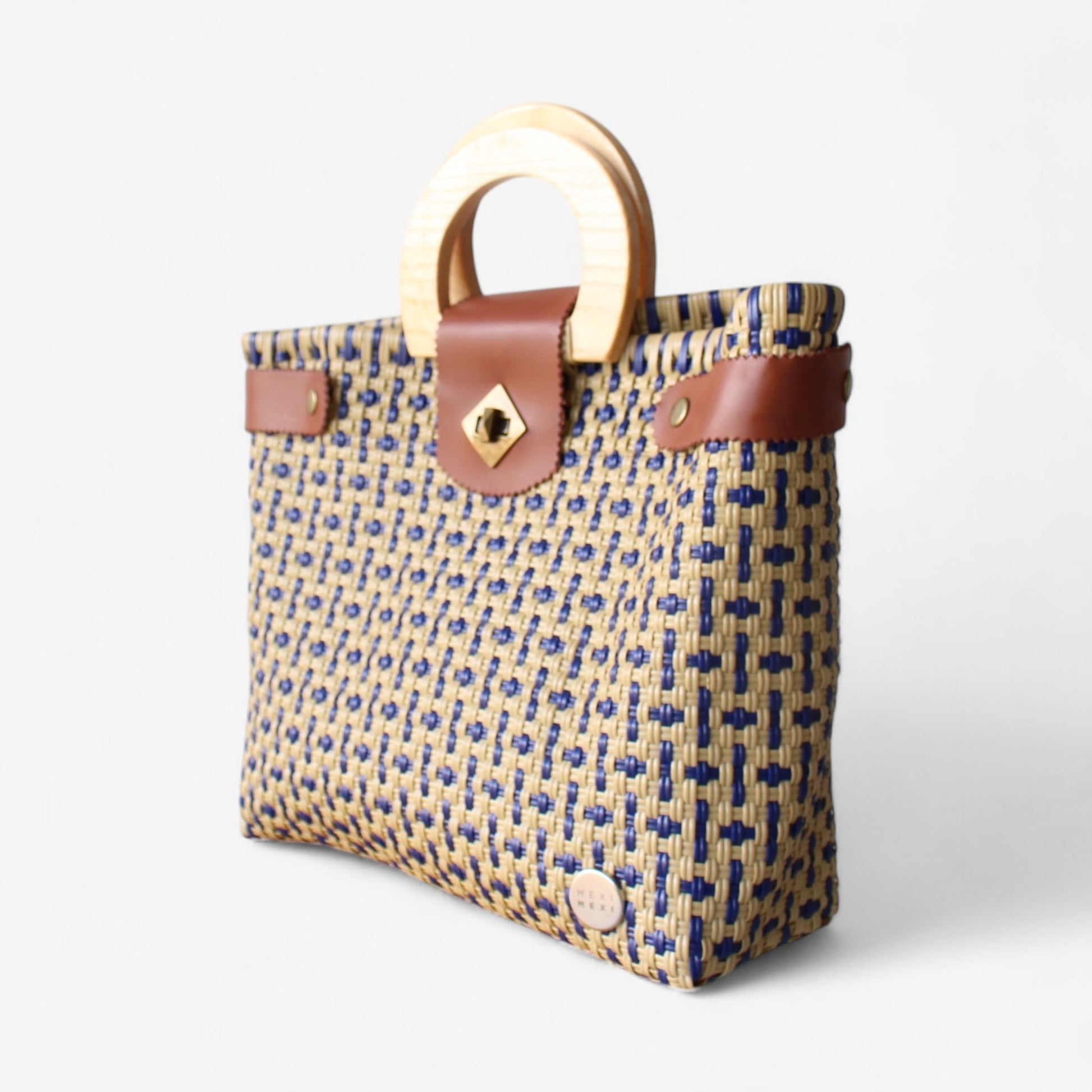 Mocha & Blue Tote Wood Handles MexiMexi