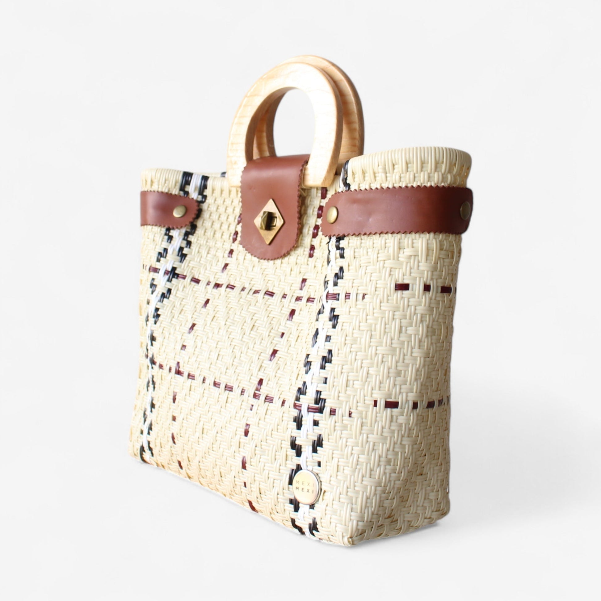 Beige, Black & Red Tote Wood Handles MexiMexi