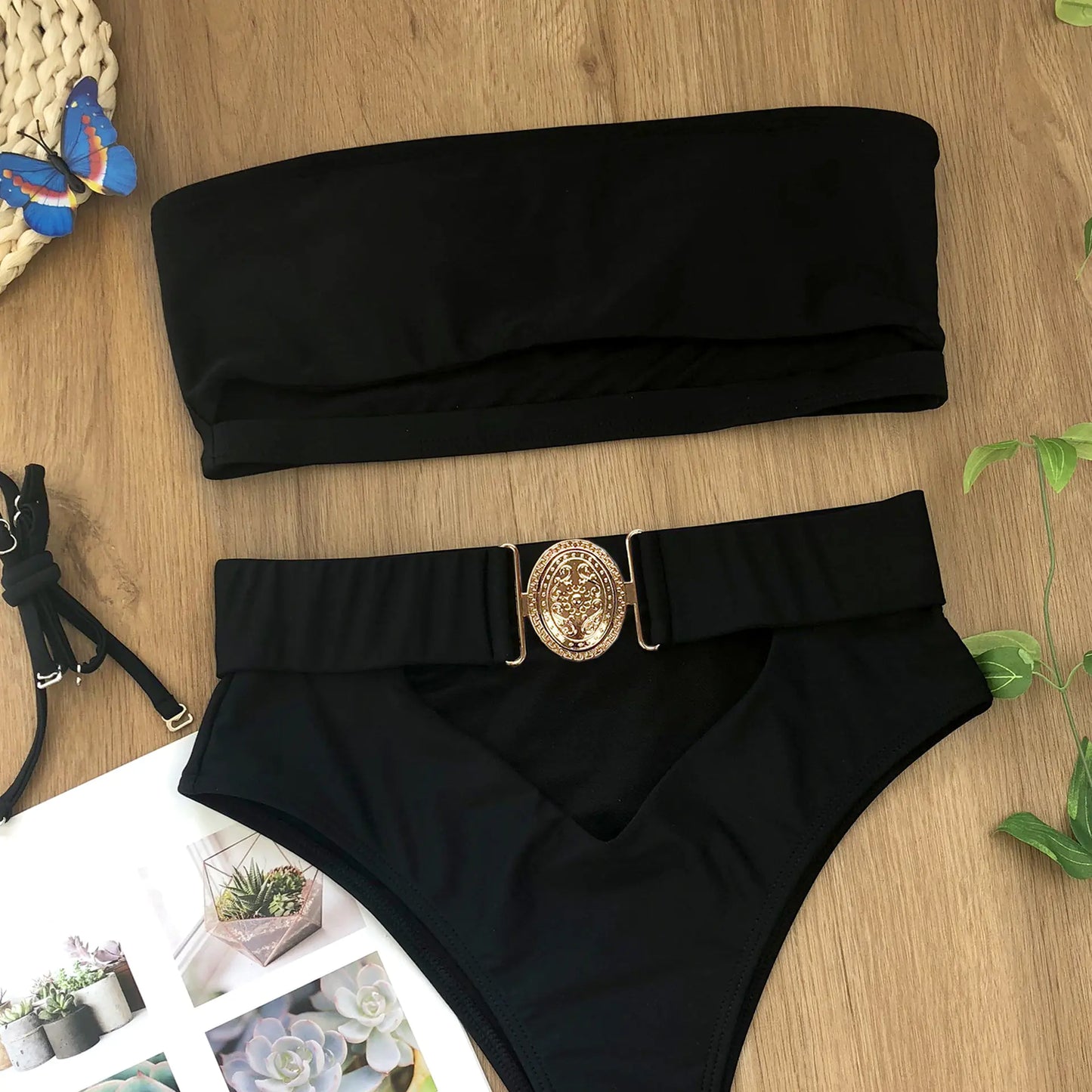 Chic Metal Buckle Strapless Bikini Swimsuit for Women