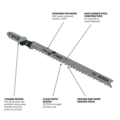 BOSCH T101B 5 pc. 4 In. 10 TPI Variable Pitch Clean for Wood T-Shank Jig Saw Blades VM Hardware