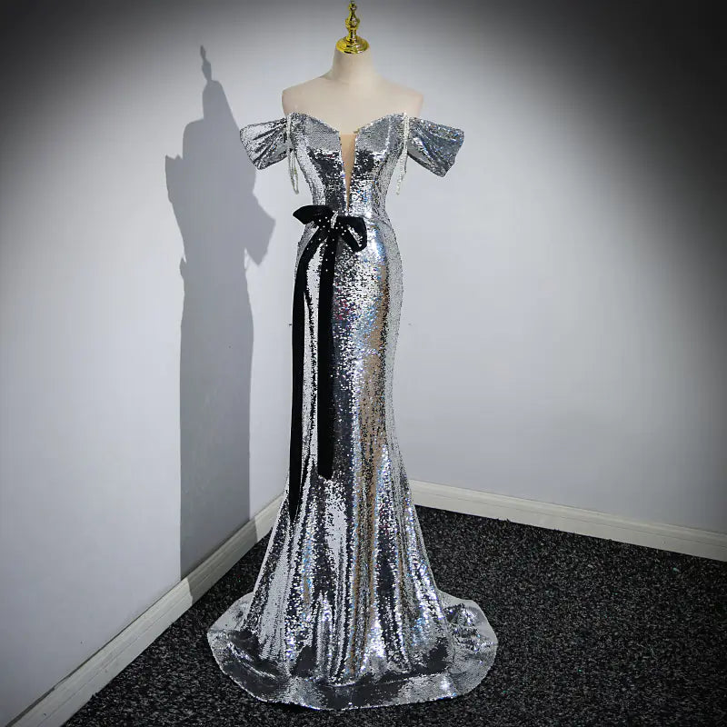 Off-Shoulder Silver Paillette Evening Dress for Women
