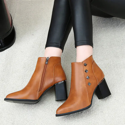 Rivet Chunky Heels with Pointed Toe, European Style