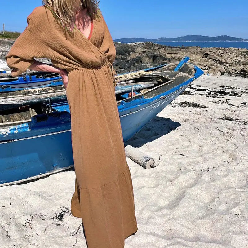 Women's V-neck Long Sleeve Midi Dress