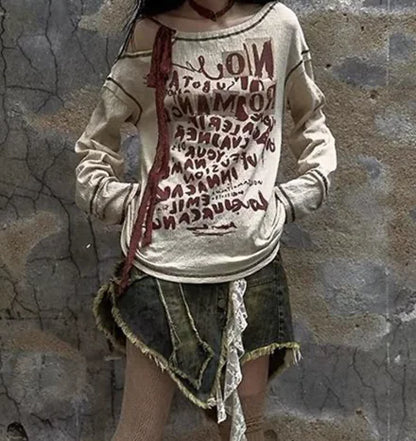 Retro Waste Distressed Long-sleeved T-shirt Top