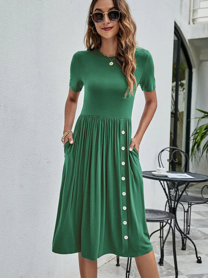 Solid Color Button Pocket Casual Women's Dress